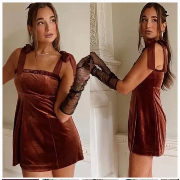 Danielle Bernstein • NWT Copper Velvet Shoulder Tie Mini Dress Ruffle Detail XS - Picture 10 of 10